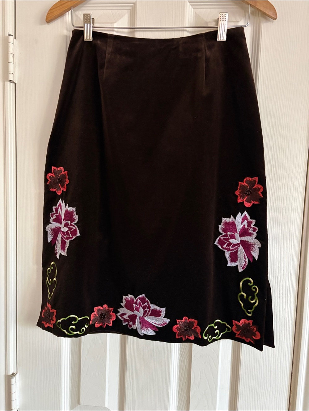 Neiman Marcus Brown Velvet A-Line Skirt with Orange and Green Floral Embroidery